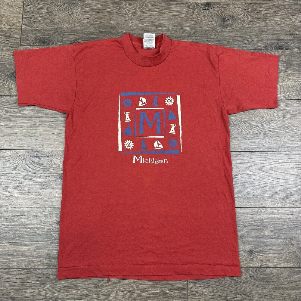 Vintage Michigan Shirt Adult Medium Red Single Stitch Art Lighthouse Sailboat
